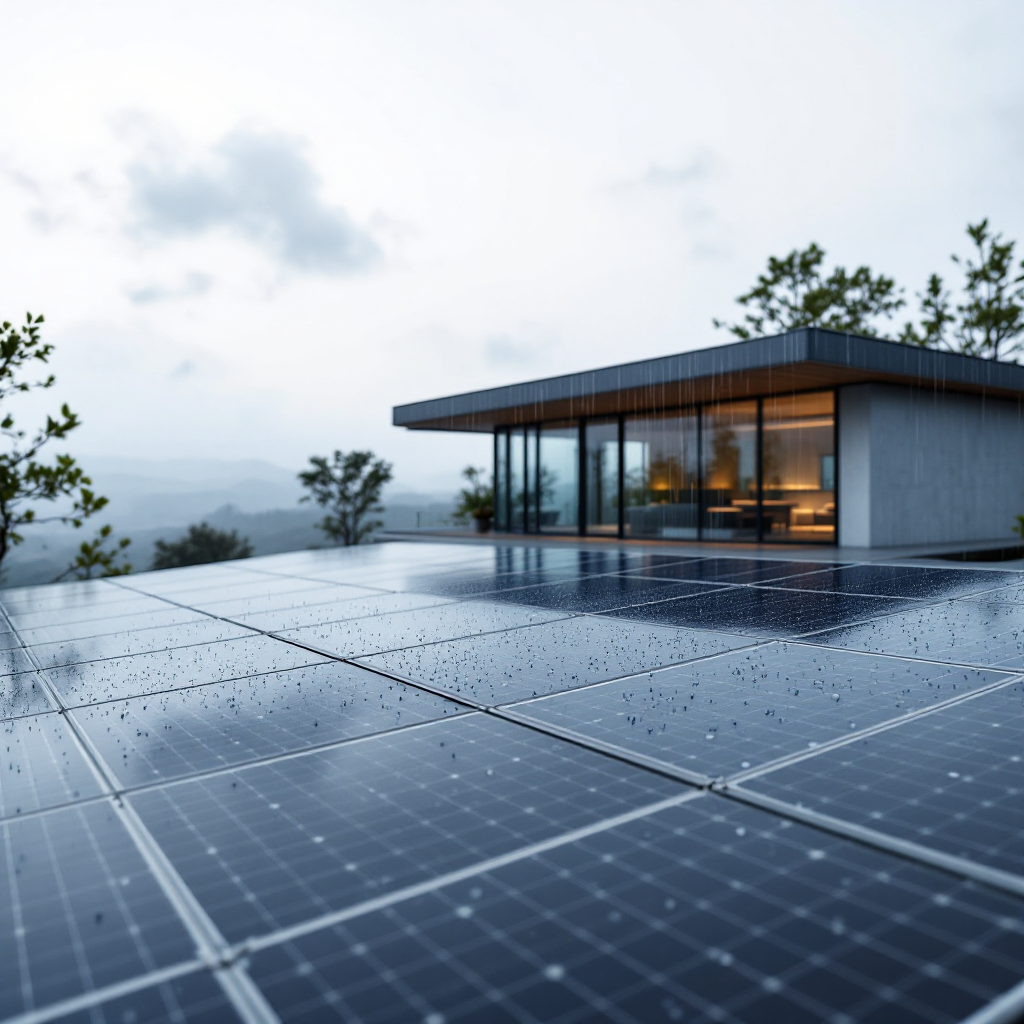 Ilustração de um sistema de placas solares sob chuva, contraste entre a limpeza superficial causada pela água pluvial e uma limpeza profunda através de serviços especializados. A EDB Renováveis, desde 2012, oferece serviços excepcionais de limpeza e manutenção de placas solares no Estado do Rio de Janeiro, assegurando máxima eficiência e longevidade dos sistemas solares. Descubra por que a limpeza profissional é essencial para otimizar a geração de energia solar com a EDB Renováveis.